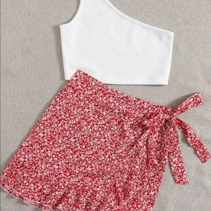 One shoulder top and floral tie skirt set
